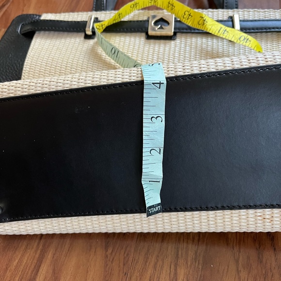 KATE SPADE Black Leather White Woven Patterned Silver Tone Hardware Tote Handbag - Picture 12 of 12